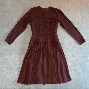 Brown 80s dress with ruching and long sleeves dress